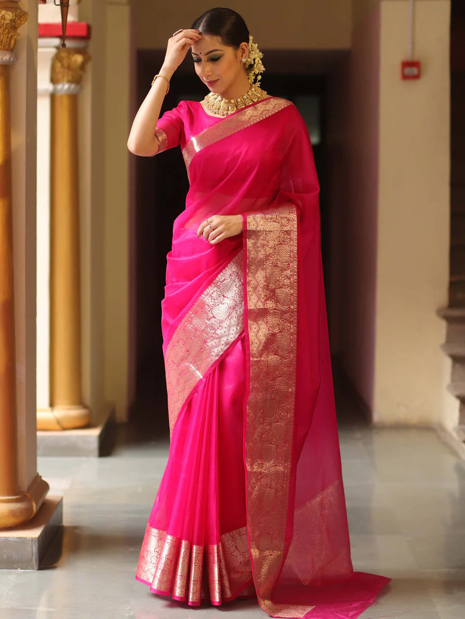 Elenoir Premium Blush Pink Kanjivaram Organza Saree with Rich Gold Zari Border | Wedding, Festive & Party Wear