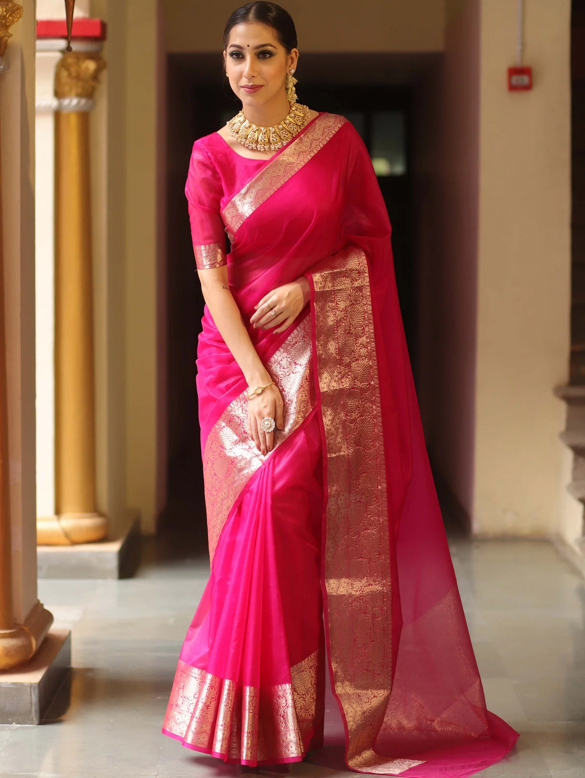 Elenoir Premium Blush Pink Kanjivaram Organza Saree with Rich Gold Zari Border | Wedding, Festive & Party Wear