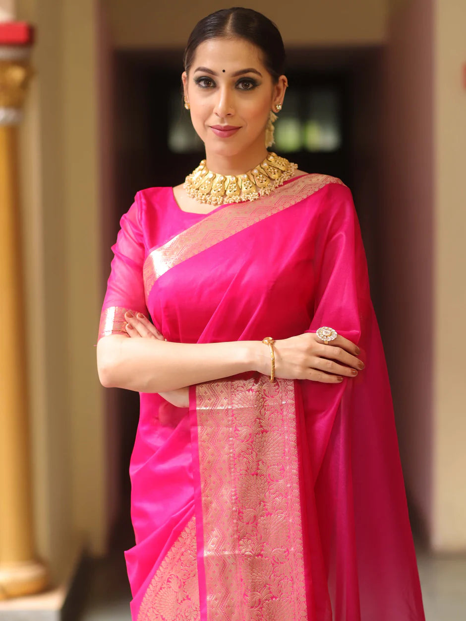 Elenoir Premium Blush Pink Kanjivaram Organza Saree with Rich Gold Zari Border | Wedding, Festive & Party Wear