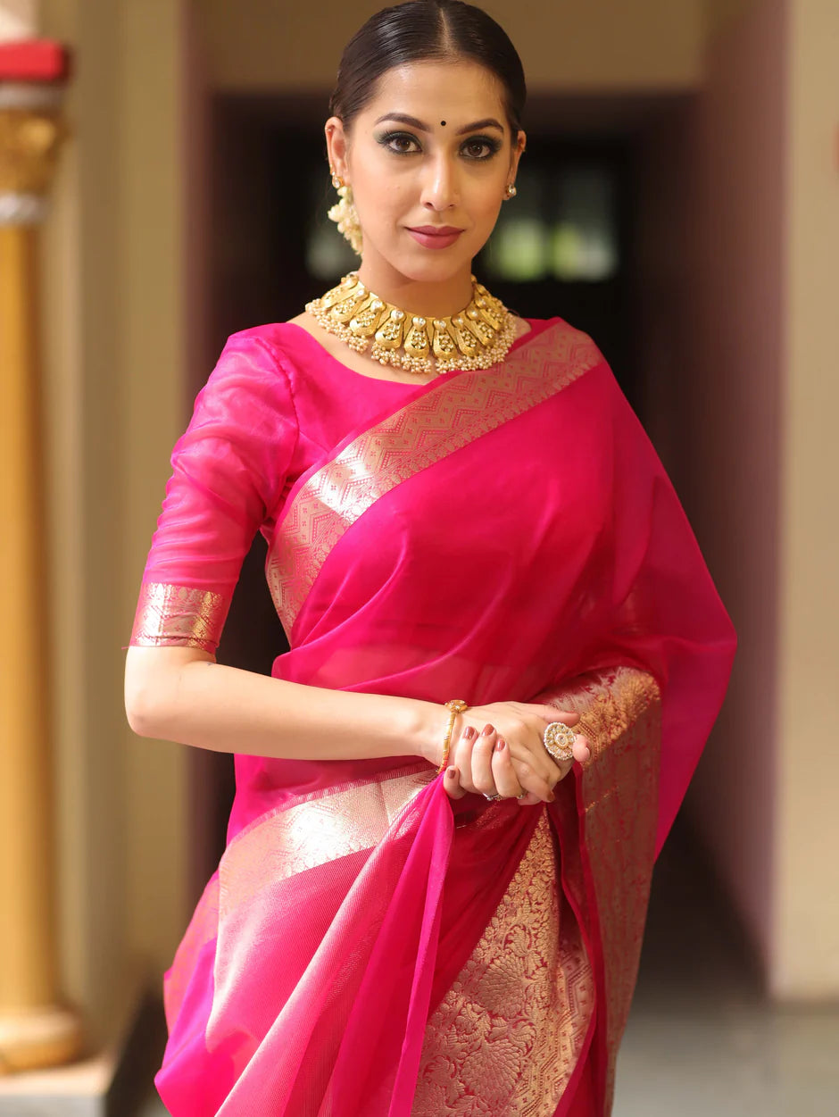 Elenoir Premium Blush Pink Kanjivaram Organza Saree with Rich Gold Zari Border | Wedding, Festive & Party Wear