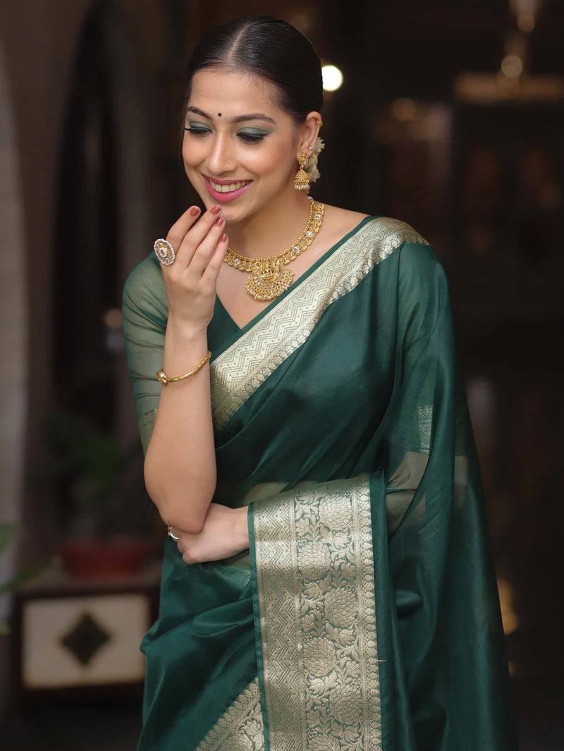 Elenoir Premium Bottle Green Kanjivaram Organza Saree with Rich Gold Zari Border | Wedding, Festive & Party Wear