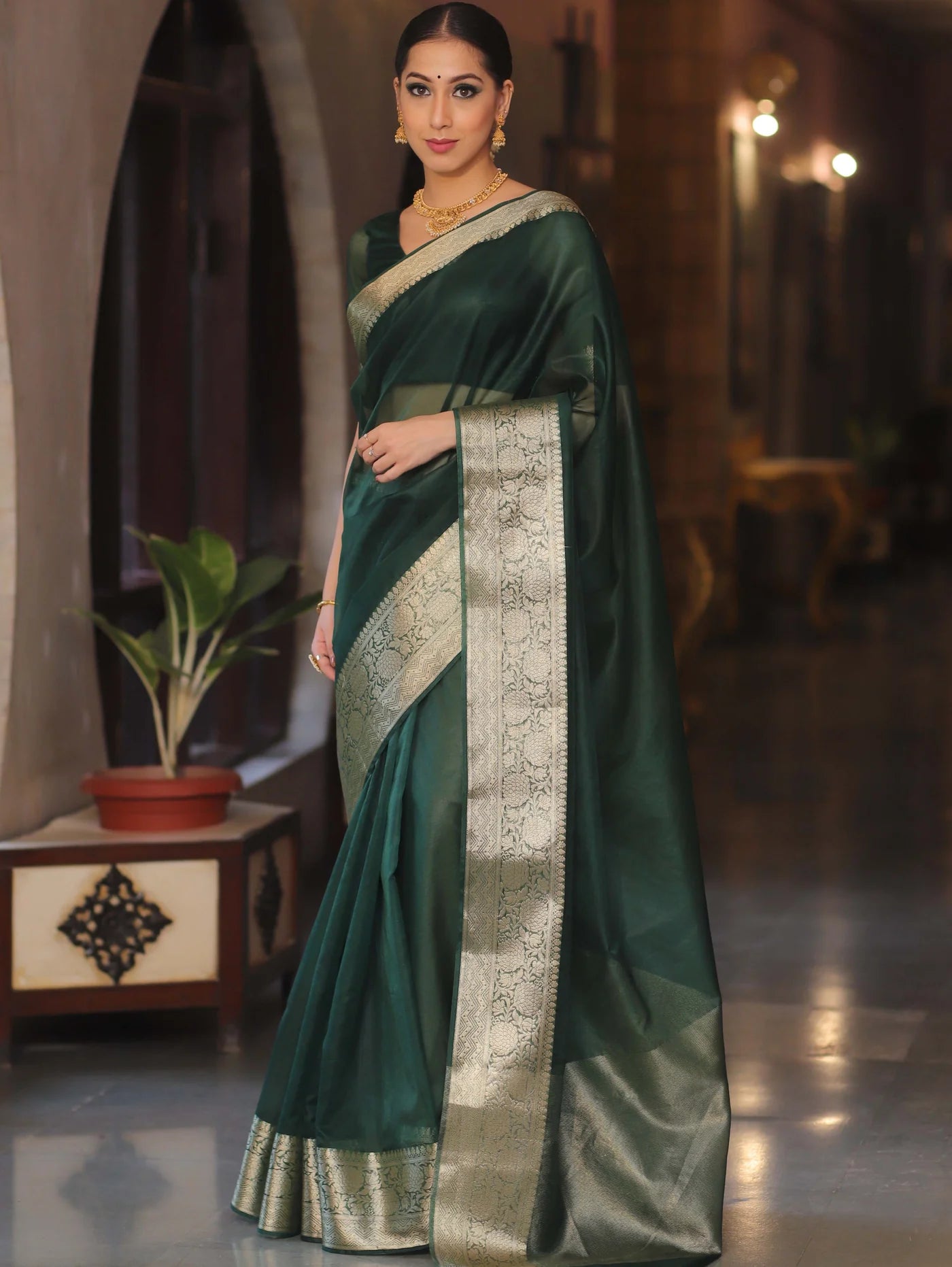 Elenoir Premium Bottle Green Kanjivaram Organza Saree with Rich Gold Zari Border | Wedding, Festive & Party Wear