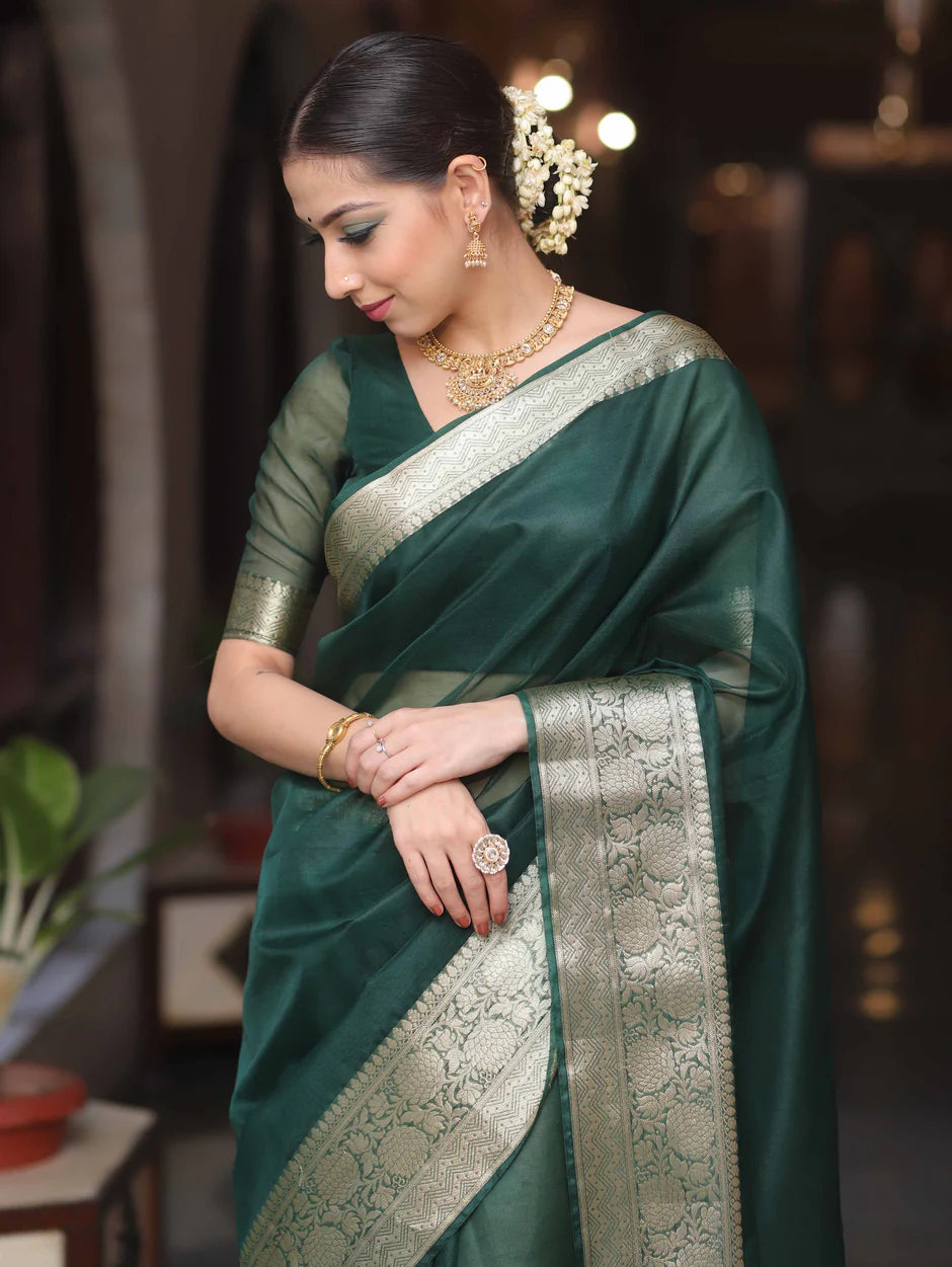 Elenoir Premium Bottle Green Kanjivaram Organza Saree with Rich Gold Zari Border | Wedding, Festive & Party Wear