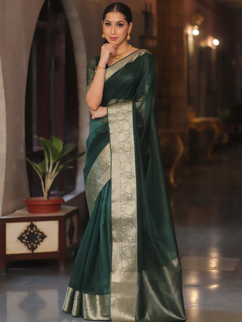 Elenoir Premium Bottle Green Kanjivaram Organza Saree with Rich Gold Zari Border | Wedding, Festive & Party Wear