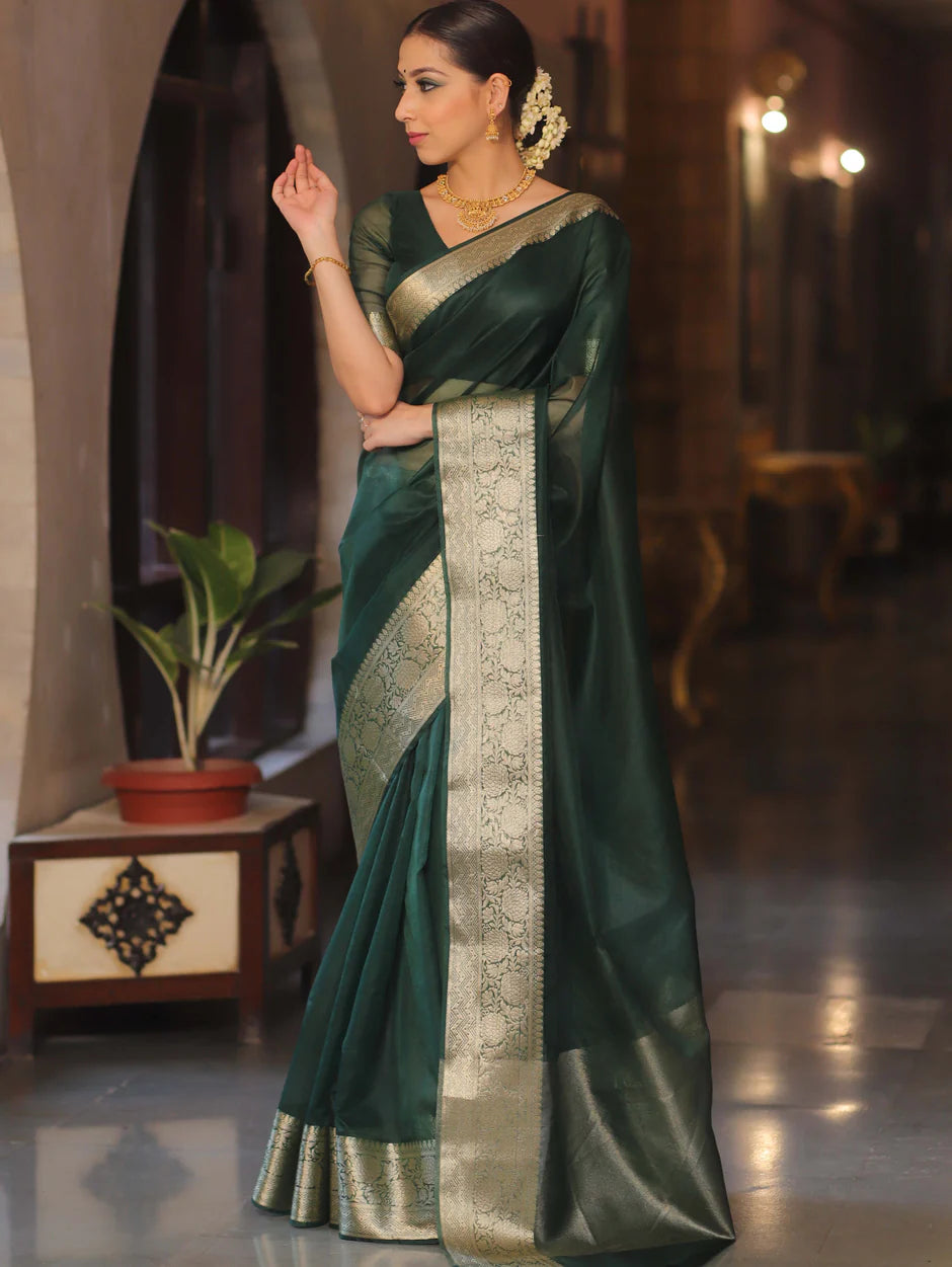 Elenoir Premium Bottle Green Kanjivaram Organza Saree with Rich Gold Zari Border | Wedding, Festive & Party Wear
