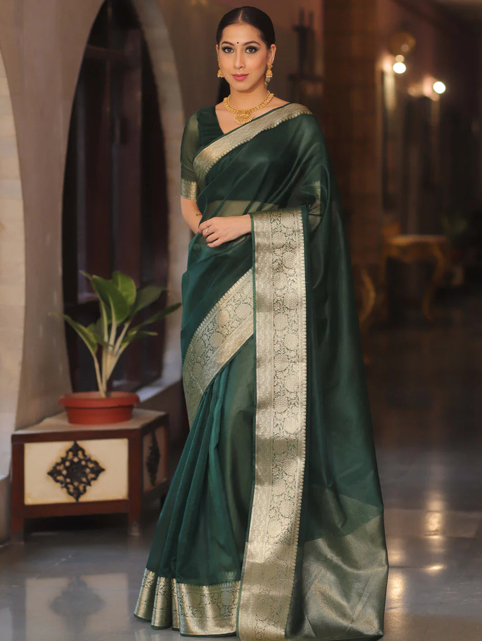 Elenoir Premium Bottle Green Kanjivaram Organza Saree with Rich Gold Zari Border | Wedding, Festive & Party Wear