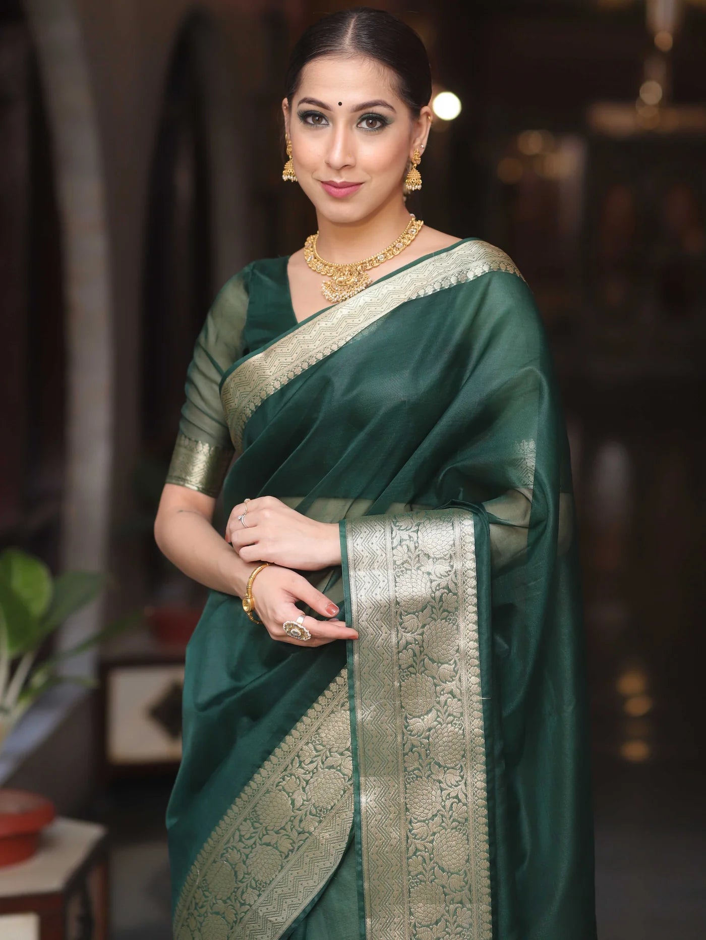 Elenoir Premium Bottle Green Kanjivaram Organza Saree with Rich Gold Zari Border | Wedding, Festive & Party Wear