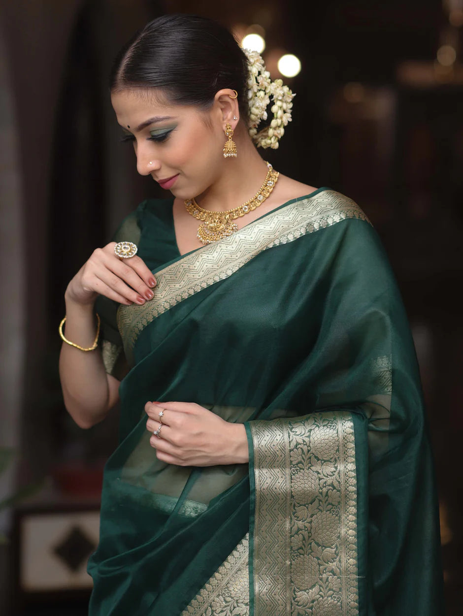 Elenoir Premium Bottle Green Kanjivaram Organza Saree with Rich Gold Zari Border | Wedding, Festive & Party Wear