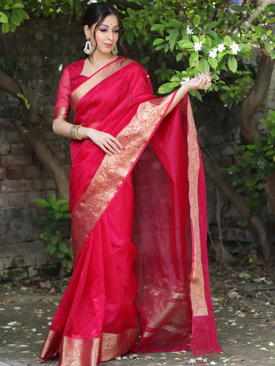 Elenoir Premium Classic Red Kanjivaram Organza Saree with Rich Gold Zari Border | Wedding, Bridal, Festive & Party Wear