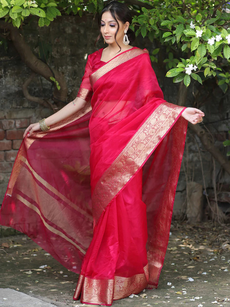 Elenoir Premium Classic Red Kanjivaram Organza Saree with Rich Gold Zari Border | Wedding, Bridal, Festive & Party Wear