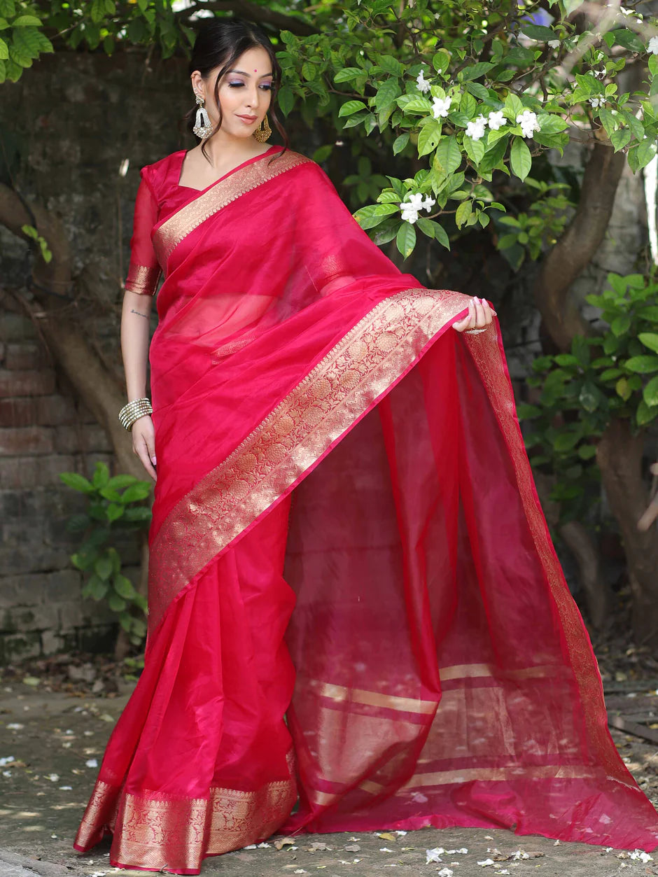 Elenoir Premium Classic Red Kanjivaram Organza Saree with Rich Gold Zari Border | Wedding, Bridal, Festive & Party Wear