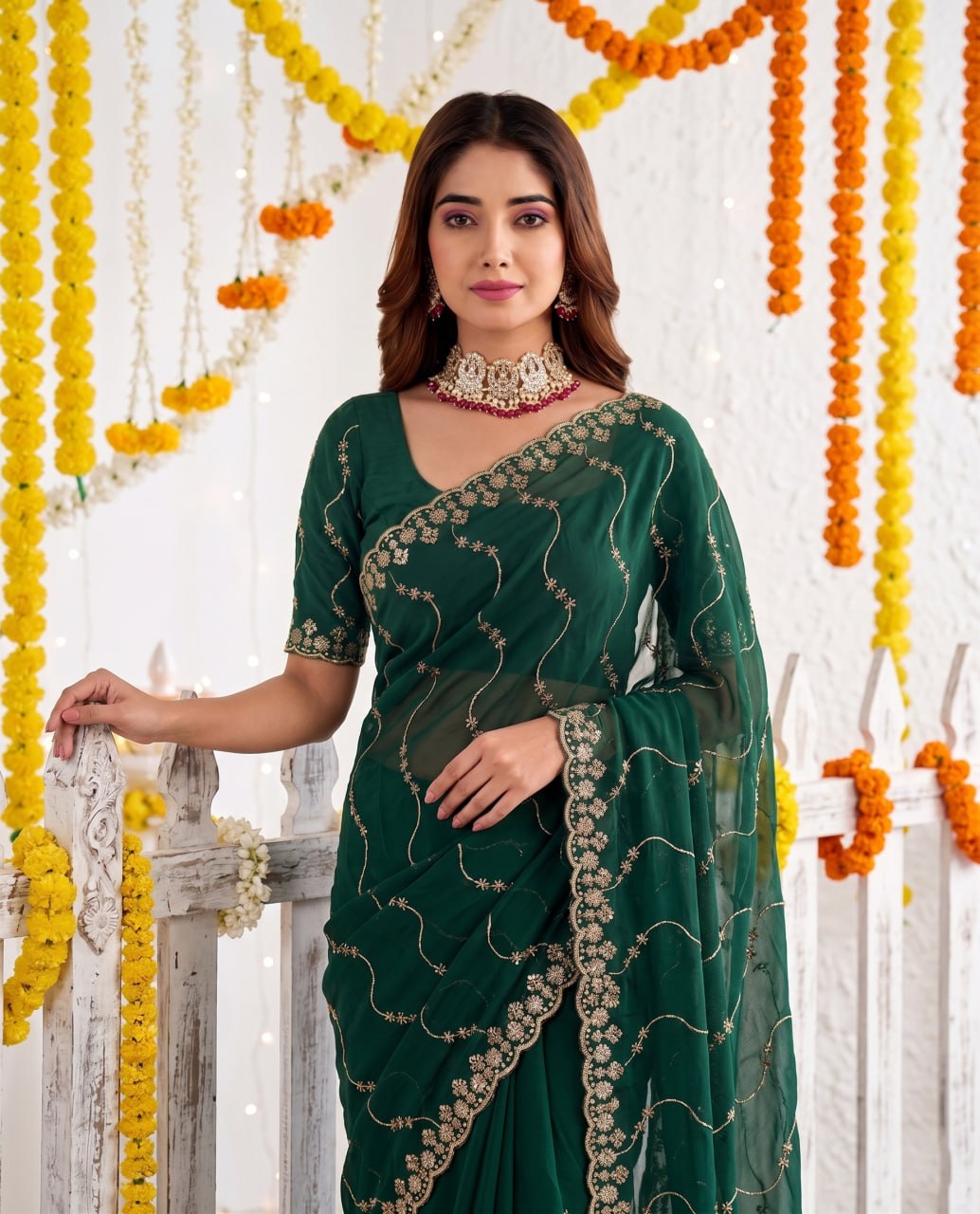 Elenoir Premium Green Leriya Embroidered Star Georgette Saree with Embroidered Blouse | Wedding, Festive & Party Wear