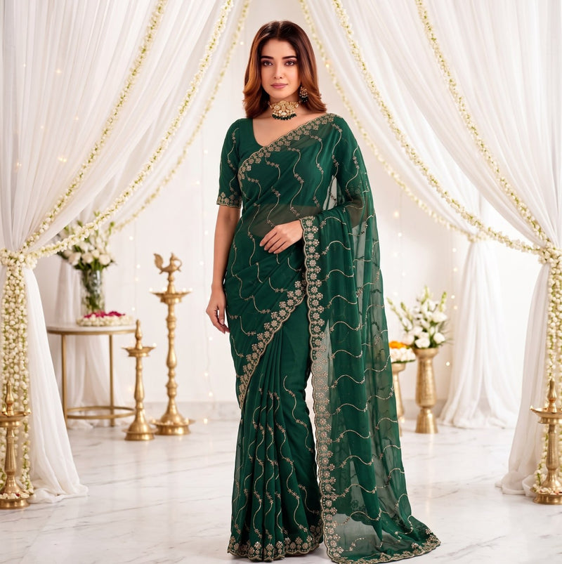 Elenoir Premium Green Leriya Embroidered Star Georgette Saree with Embroidered Blouse | Wedding, Festive & Party Wear