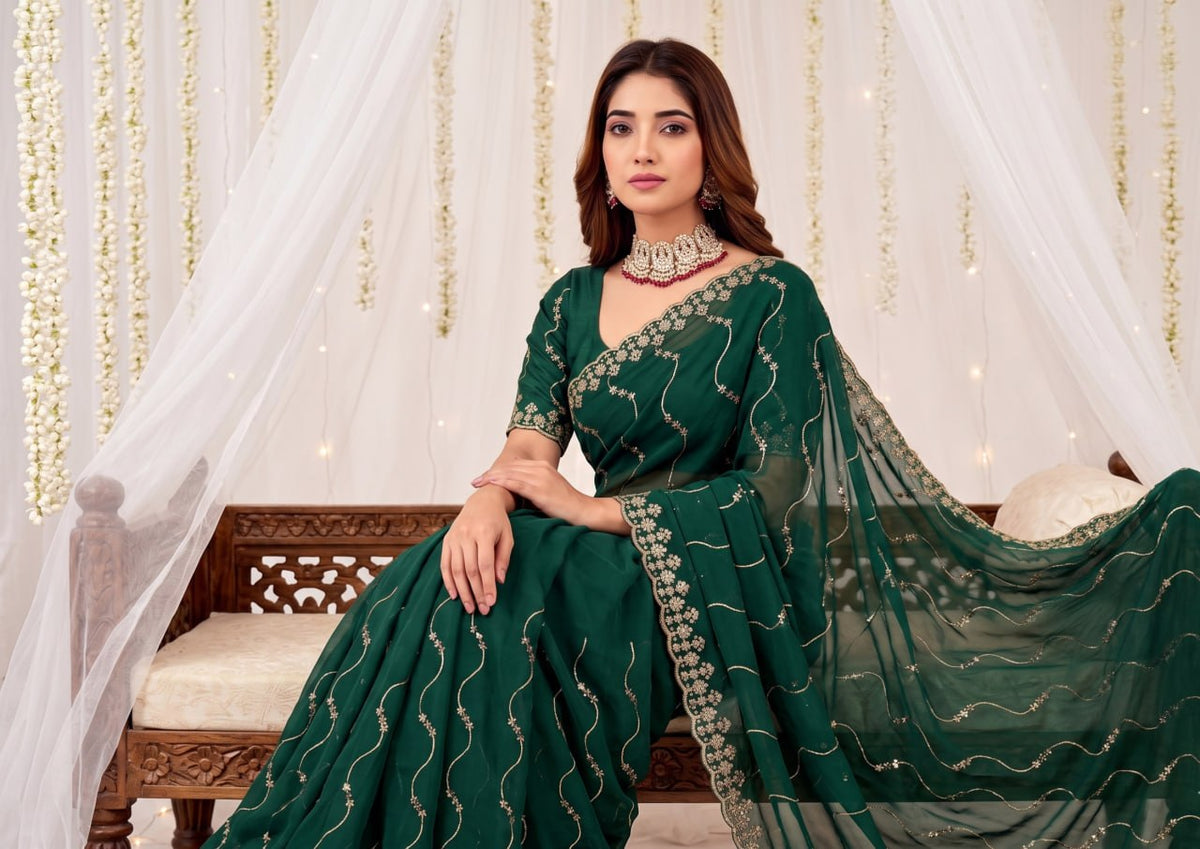 Elenoir Premium Green Leriya Embroidered Star Georgette Saree with Embroidered Blouse | Wedding, Festive & Party Wear