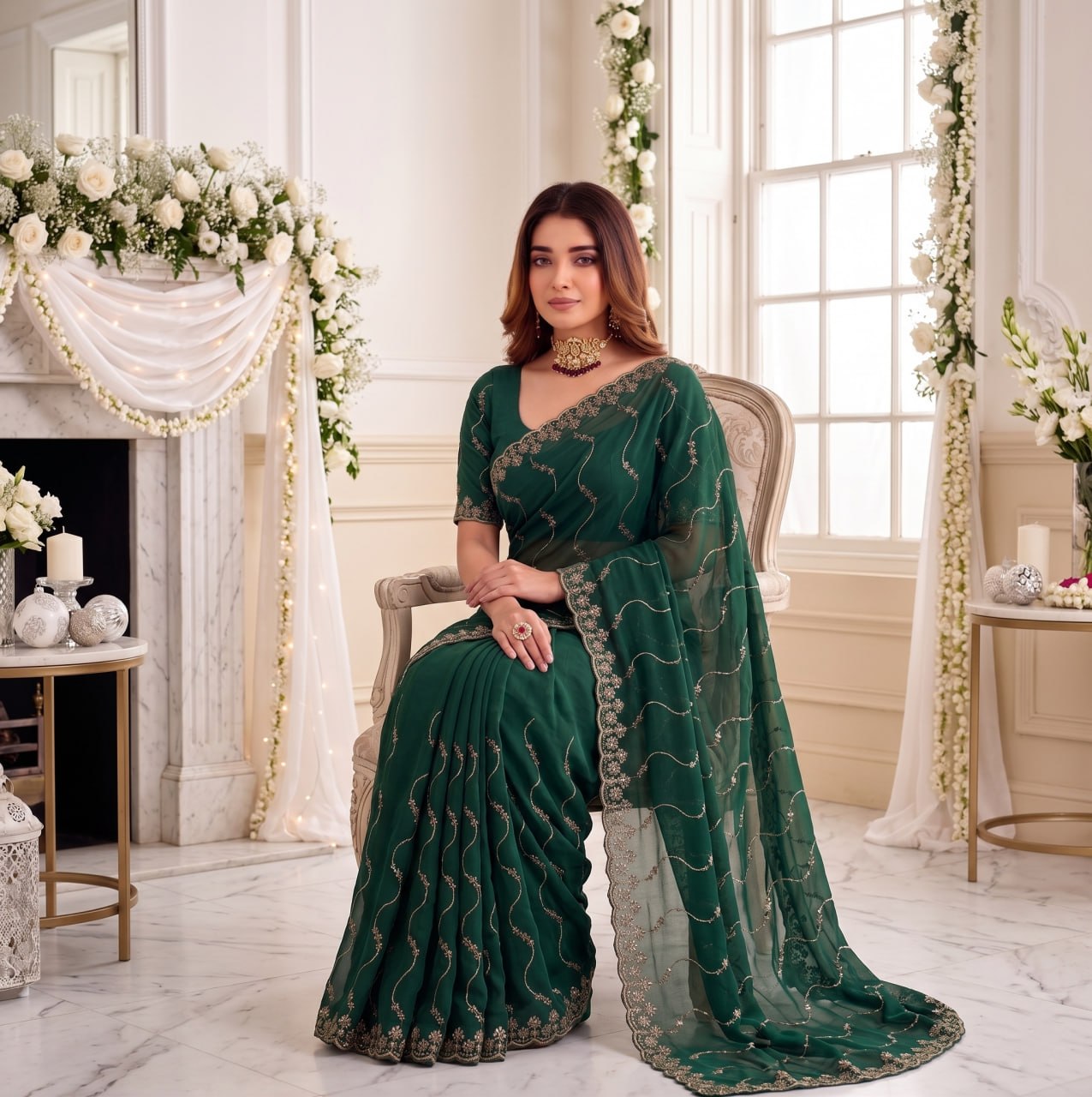 Elenoir Premium Green Leriya Embroidered Star Georgette Saree with Embroidered Blouse | Wedding, Festive & Party Wear