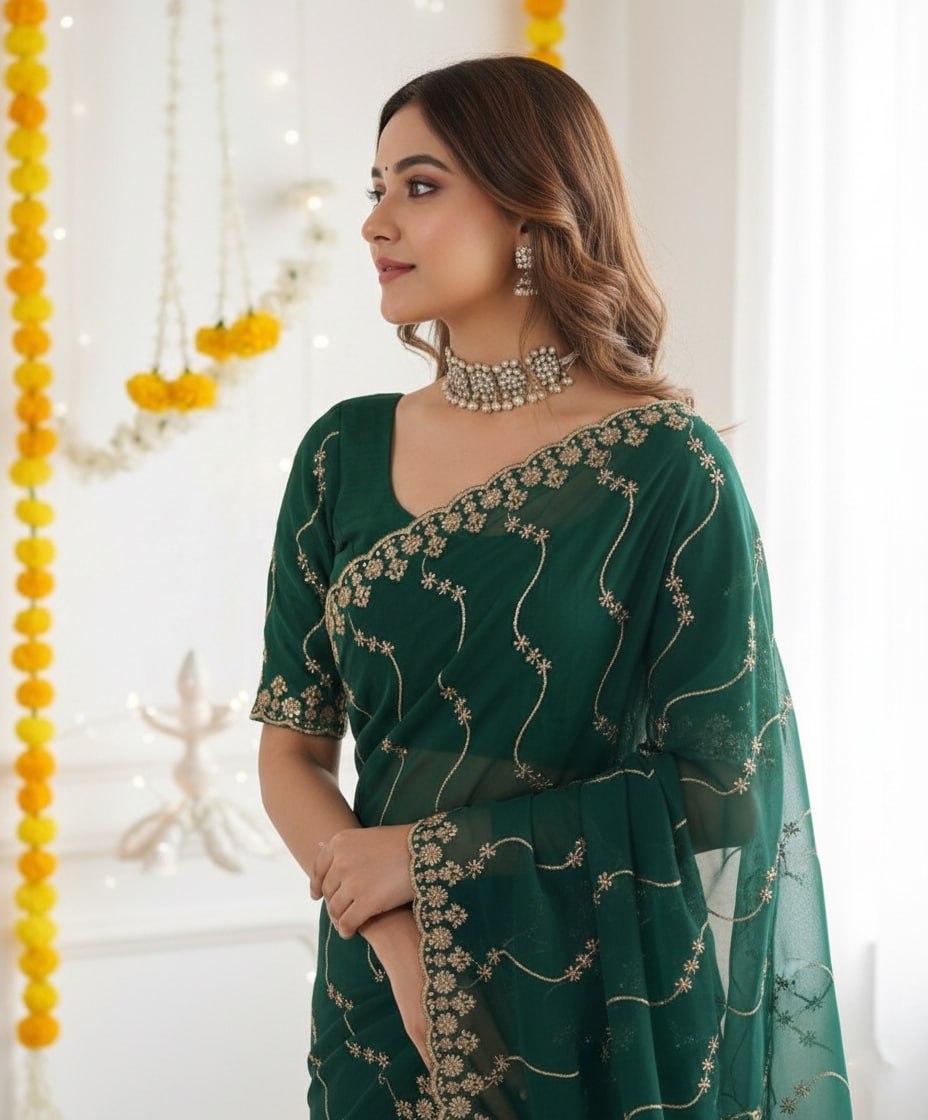 Elenoir Premium Green Leriya Embroidered Star Georgette Saree with Embroidered Blouse | Wedding, Festive & Party Wear