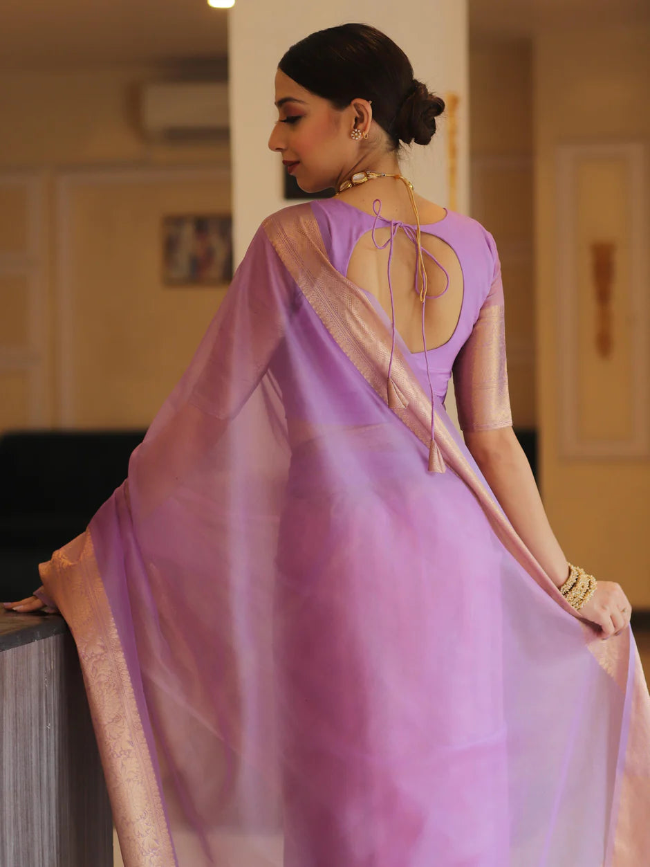 Elenoir Premium Lavender Kanjivaram Organza Silk Saree with Rich Rose Gold Zari Border | Wedding, Festive & Party Wear