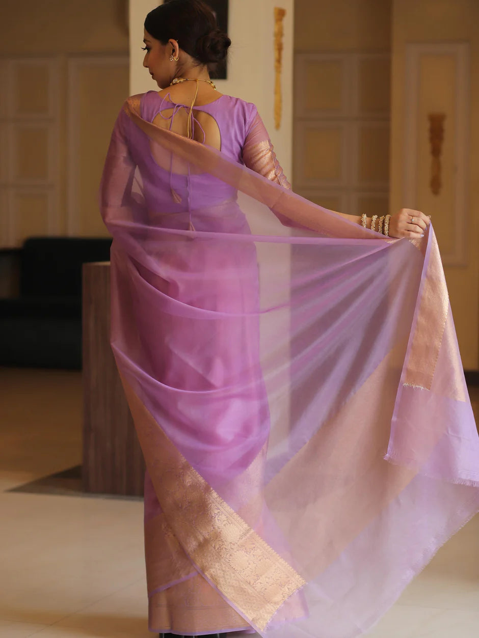 Elenoir Premium Lavender Kanjivaram Organza Silk Saree with Rich Rose Gold Zari Border | Wedding, Festive & Party Wear