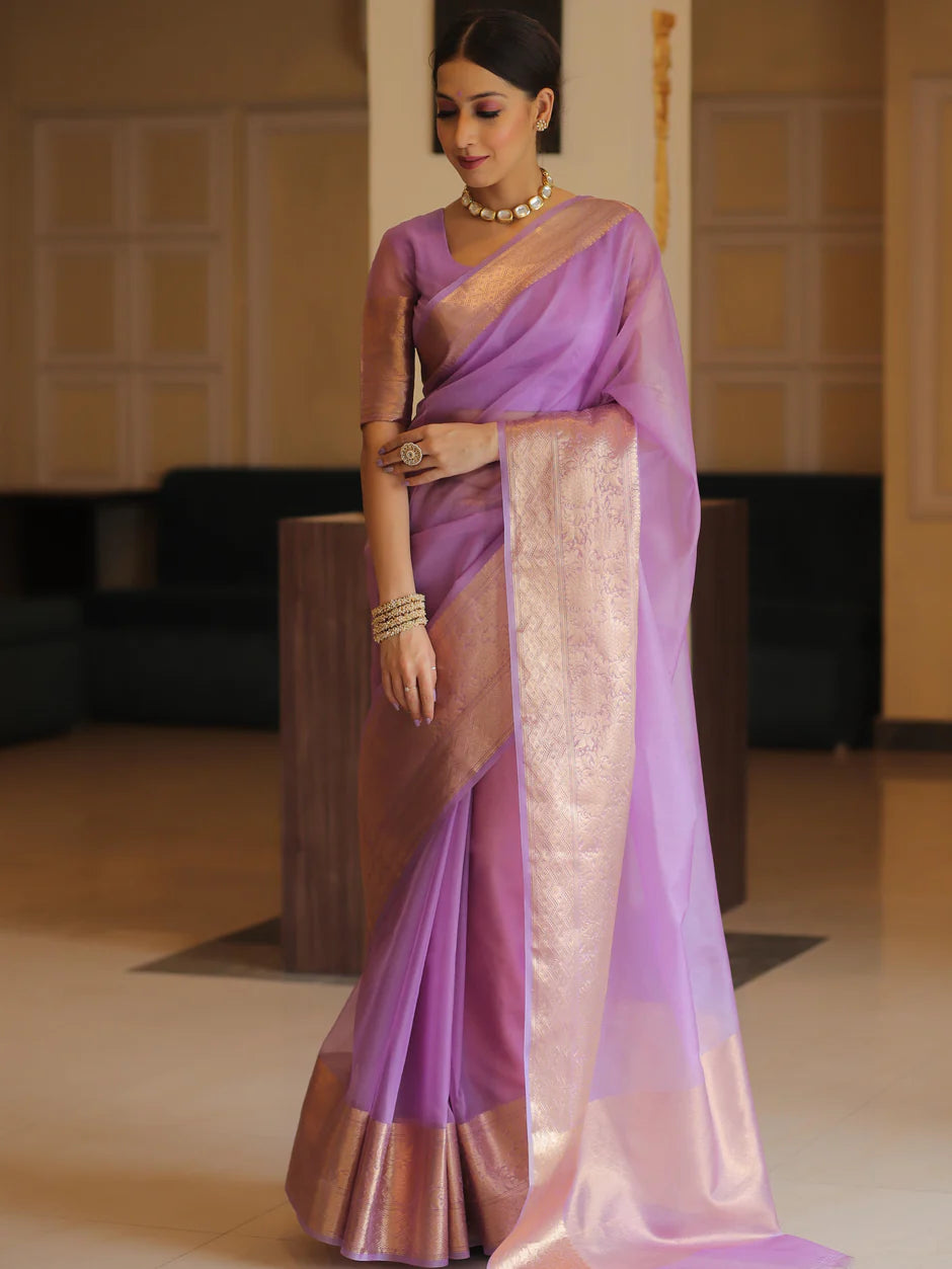Elenoir Premium Lavender Kanjivaram Organza Silk Saree with Rich Rose Gold Zari Border | Wedding, Festive & Party Wear