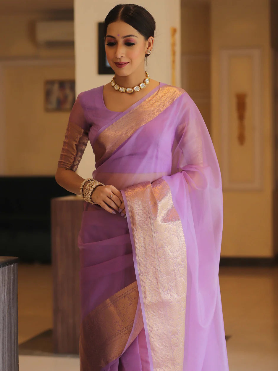 Elenoir Premium Lavender Kanjivaram Organza Silk Saree with Rich Rose Gold Zari Border | Wedding, Festive & Party Wear
