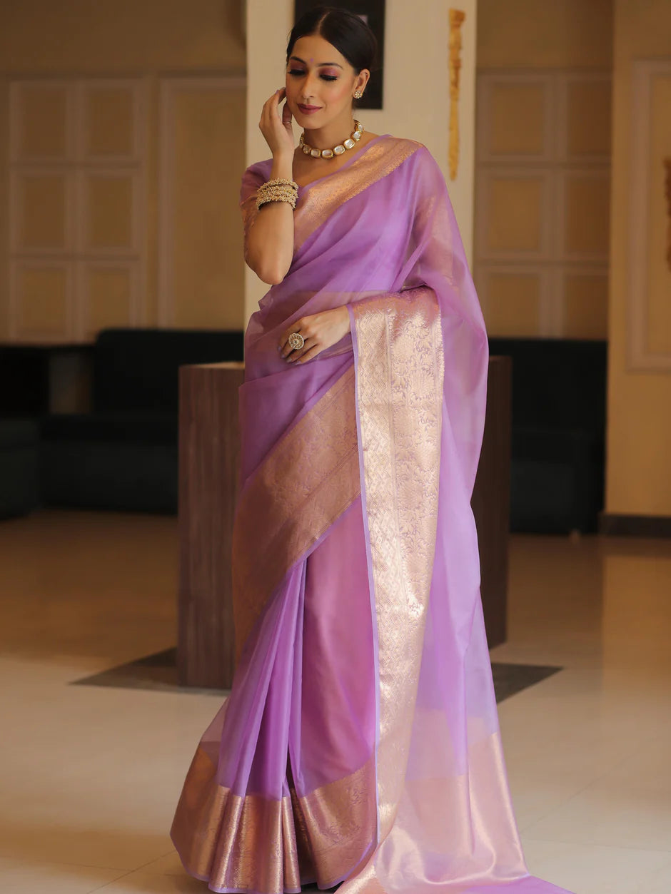 Elenoir Premium Lavender Kanjivaram Organza Silk Saree with Rich Rose Gold Zari Border | Wedding, Festive & Party Wear