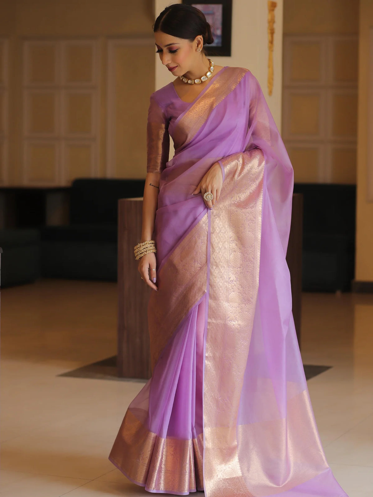Elenoir Premium Lavender Kanjivaram Organza Silk Saree with Rich Rose Gold Zari Border | Wedding, Festive & Party Wear