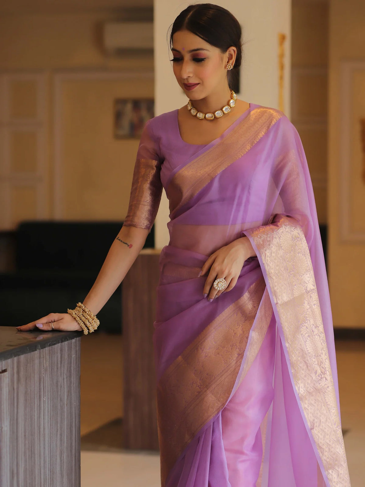 Elenoir Premium Lavender Kanjivaram Organza Silk Saree with Rich Rose Gold Zari Border | Wedding, Festive & Party Wear