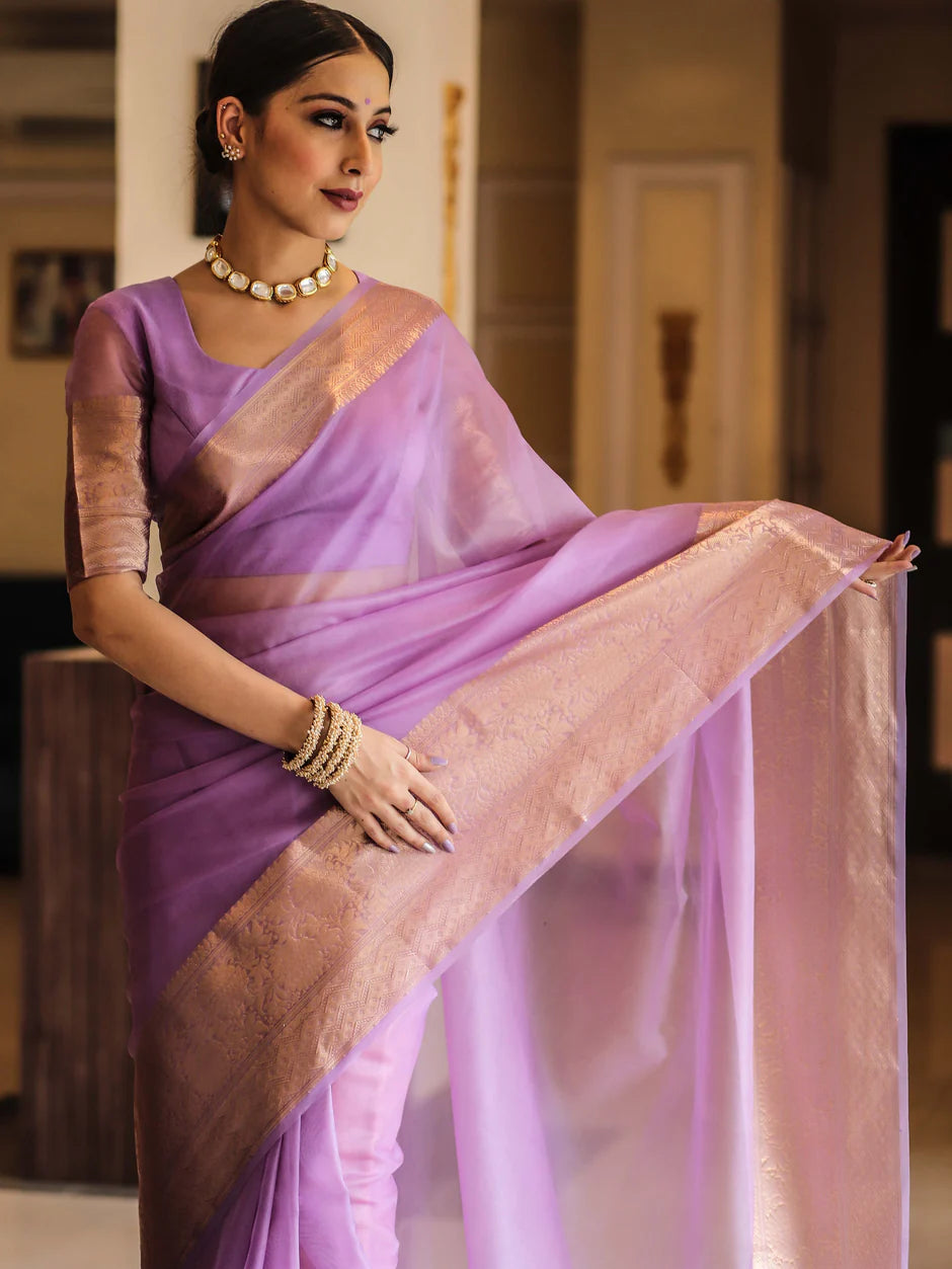 Elenoir Premium Lavender Kanjivaram Organza Silk Saree with Rich Rose Gold Zari Border | Wedding, Festive & Party Wear