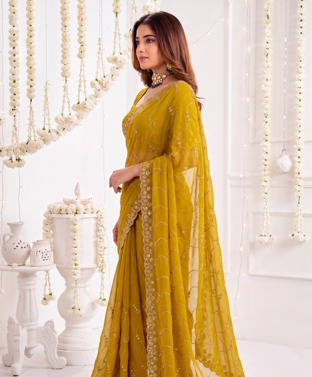 Elenoir Premium Mustard Yellow Leriya Embroidered Star Georgette Saree with Embroidered Blouse | Wedding, Festive & Party Wear