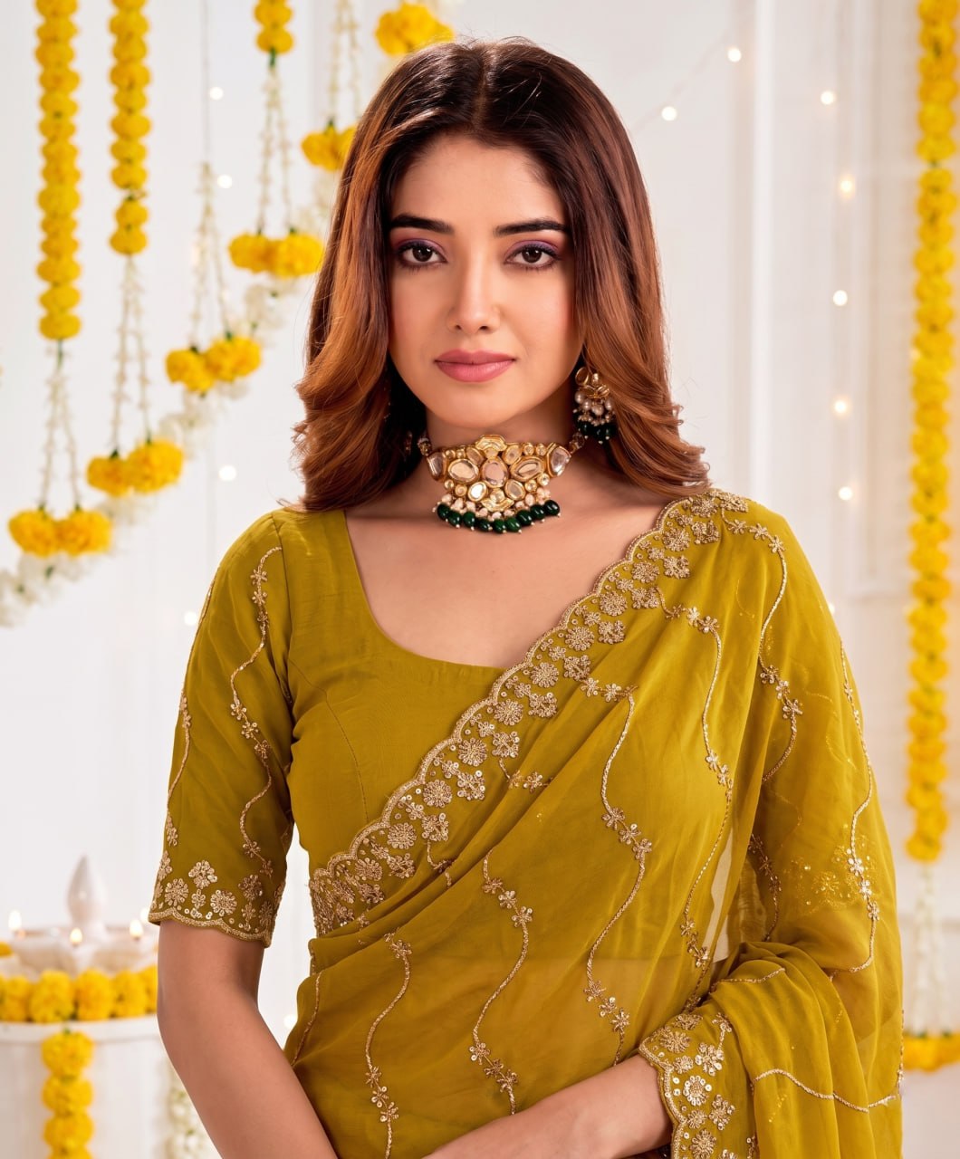 Elenoir Premium Mustard Yellow Leriya Embroidered Star Georgette Saree with Embroidered Blouse | Wedding, Festive & Party Wear