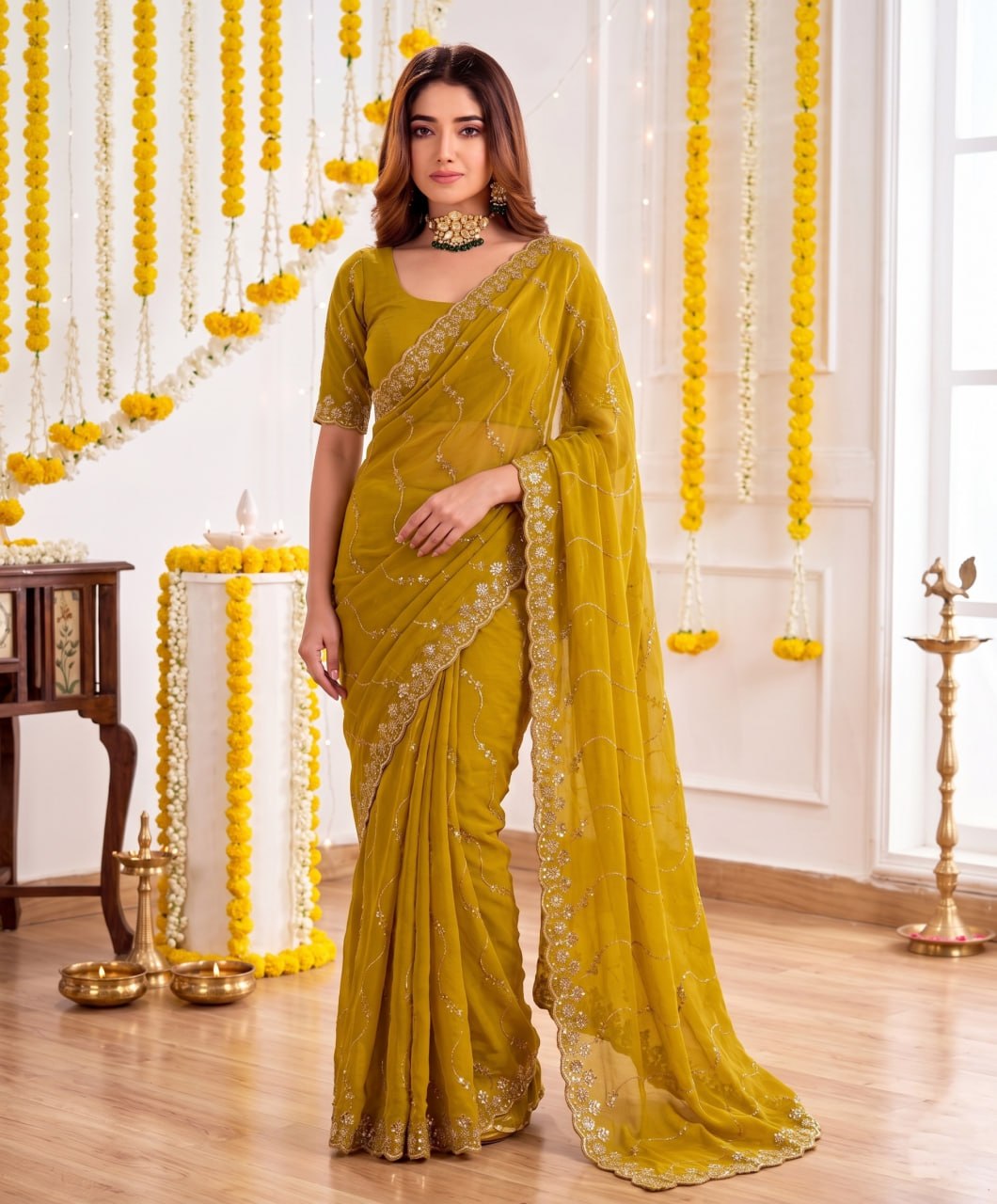 Elenoir Premium Mustard Yellow Leriya Embroidered Star Georgette Saree with Embroidered Blouse | Wedding, Festive & Party Wear
