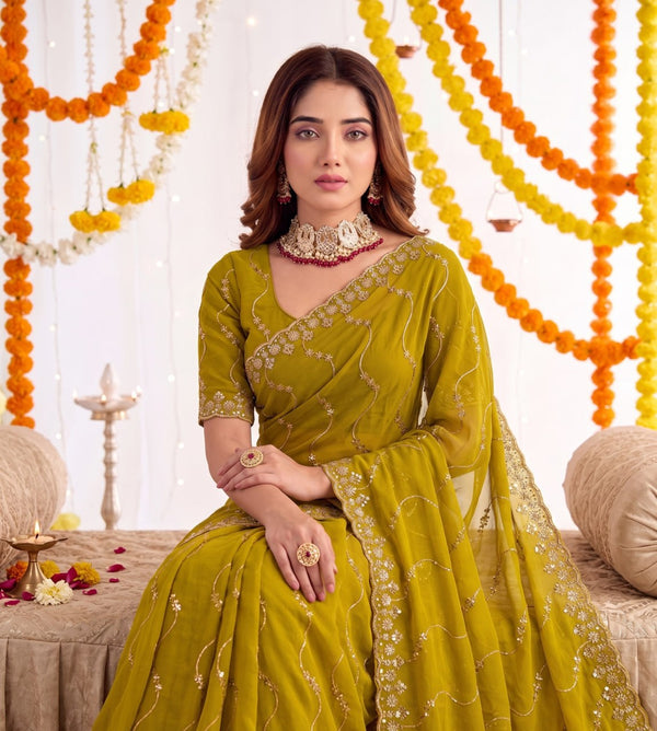 Elenoir Premium Mustard Yellow Leriya Embroidered Star Georgette Saree with Embroidered Blouse | Wedding, Festive & Party Wear