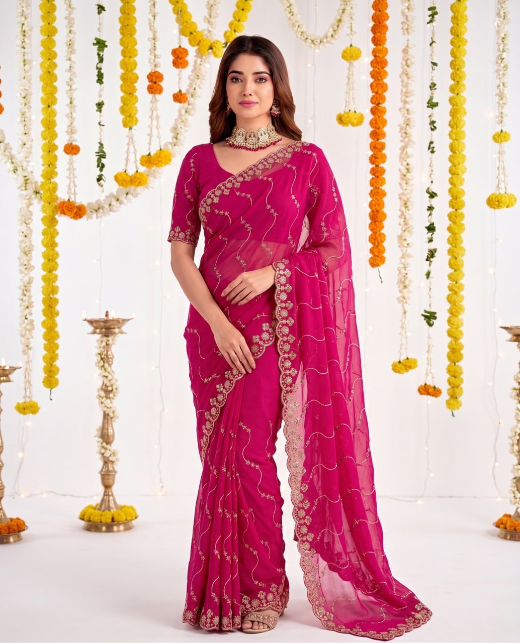 Elenoir Premium Rani Pink Leriya Embroidered Star Georgette Saree with Embroidered Blouse | Wedding, Festive & Party Wear