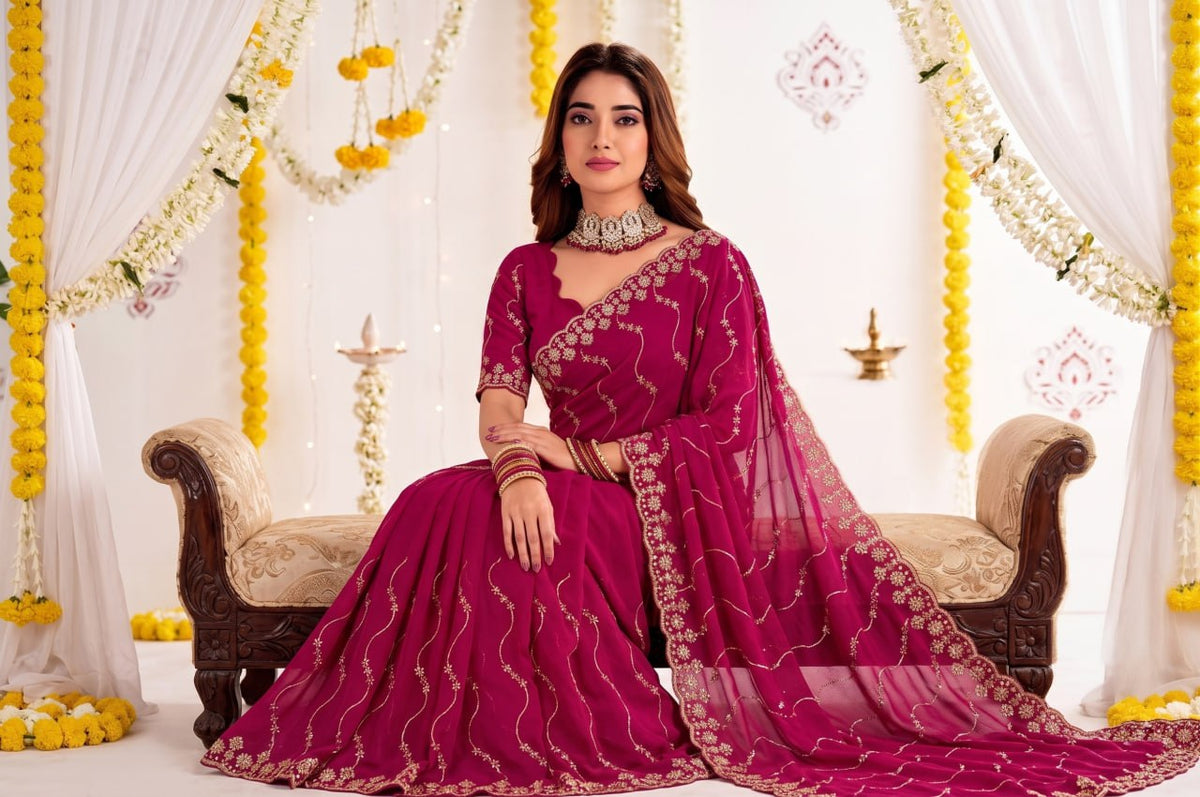 Elenoir Premium Rani Pink Leriya Embroidered Star Georgette Saree with Embroidered Blouse | Wedding, Festive & Party Wear
