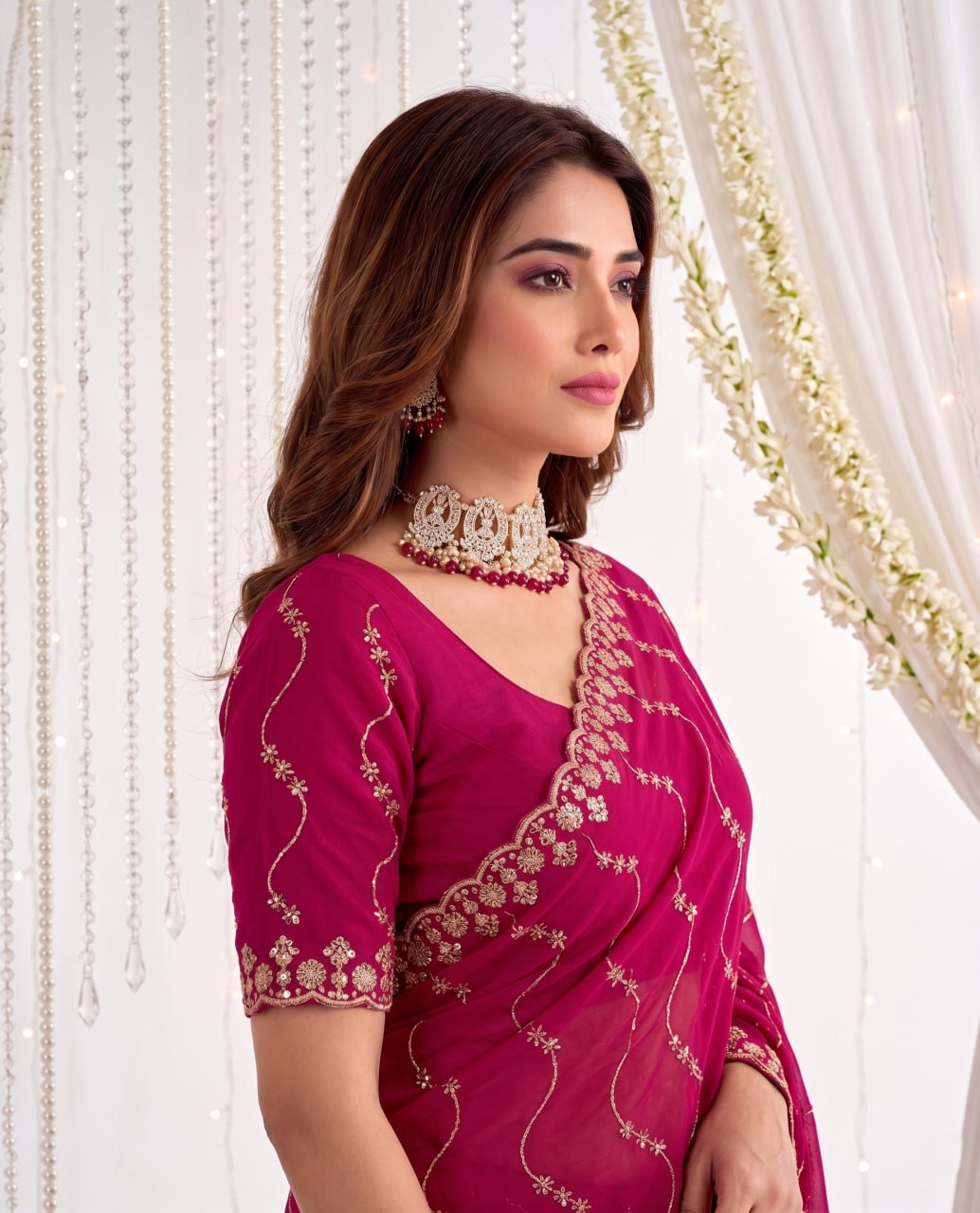 Elenoir Premium Rani Pink Leriya Embroidered Star Georgette Saree with Embroidered Blouse | Wedding, Festive & Party Wear