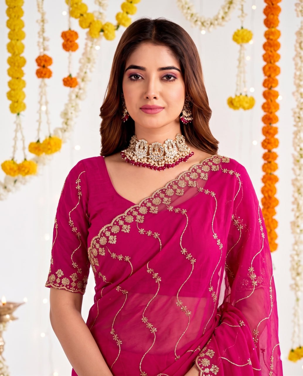 Elenoir Premium Rani Pink Leriya Embroidered Star Georgette Saree with Embroidered Blouse | Wedding, Festive & Party Wear