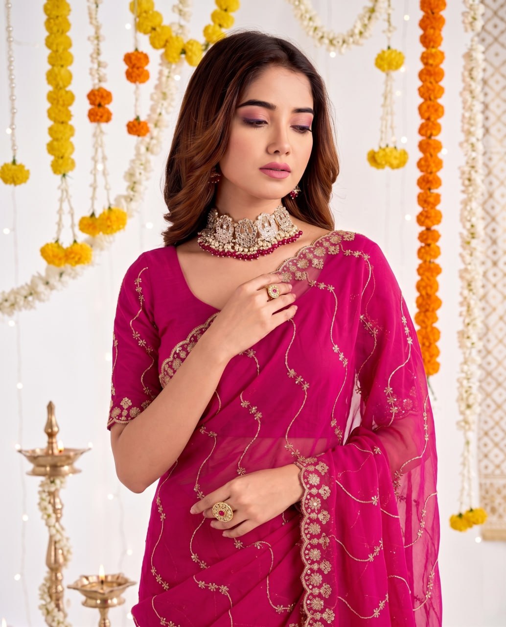 Elenoir Premium Rani Pink Leriya Embroidered Star Georgette Saree with Embroidered Blouse | Wedding, Festive & Party Wear