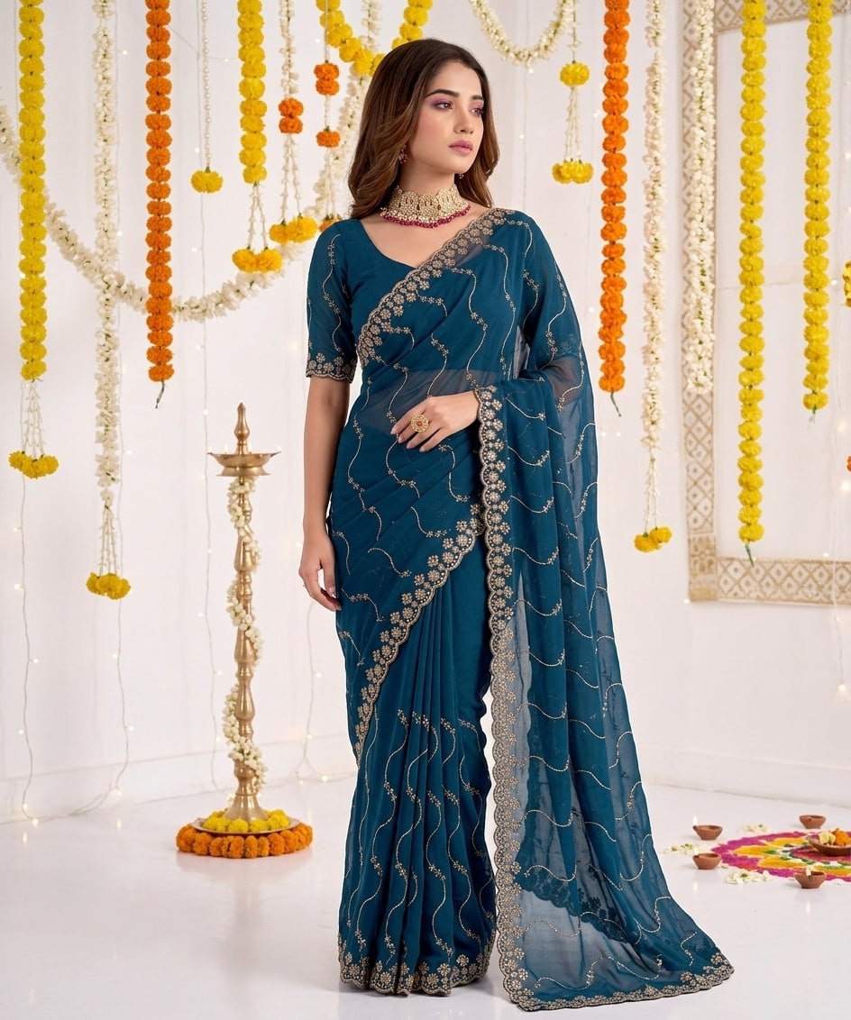 Elenoir Premium Teal Leriya Embroidered Star Georgette Saree with Embroidered Blouse | Wedding, Festive & Party Wear