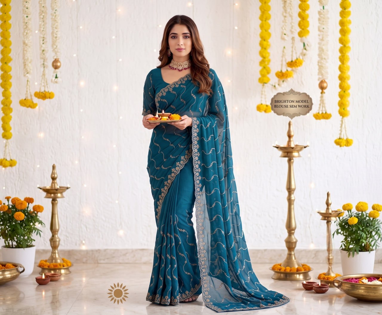 Elenoir Premium Teal Leriya Embroidered Star Georgette Saree with Embroidered Blouse | Wedding, Festive & Party Wear