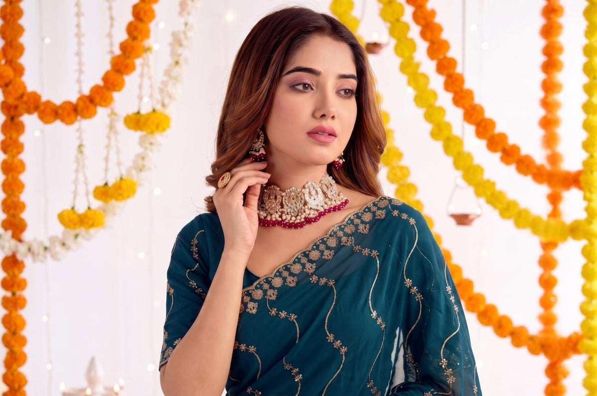 Elenoir Premium Teal Leriya Embroidered Star Georgette Saree with Embroidered Blouse | Wedding, Festive & Party Wear