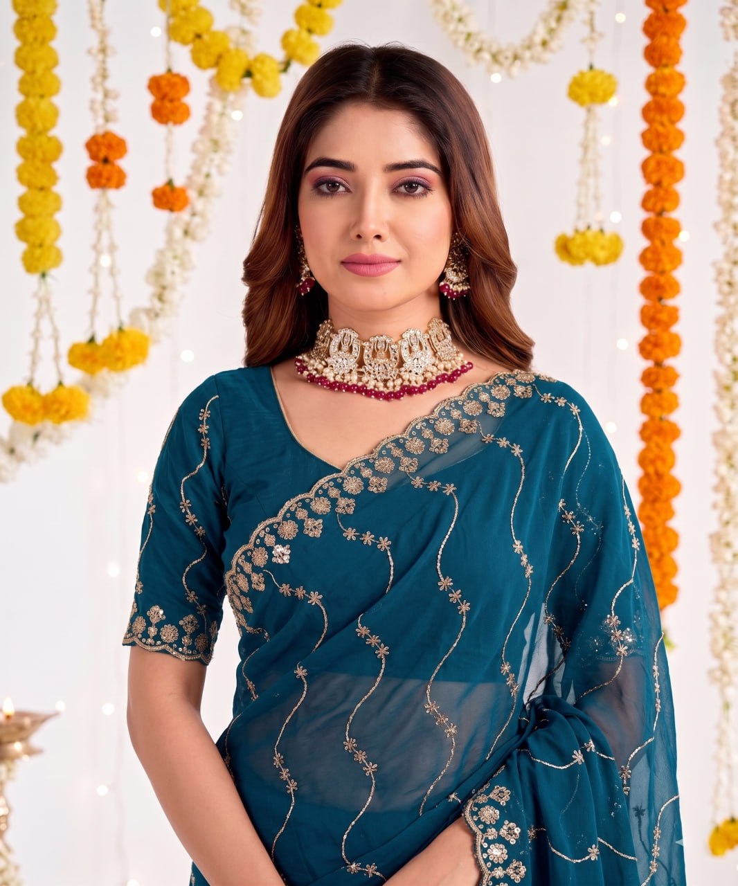 Elenoir Premium Teal Leriya Embroidered Star Georgette Saree with Embroidered Blouse | Wedding, Festive & Party Wear