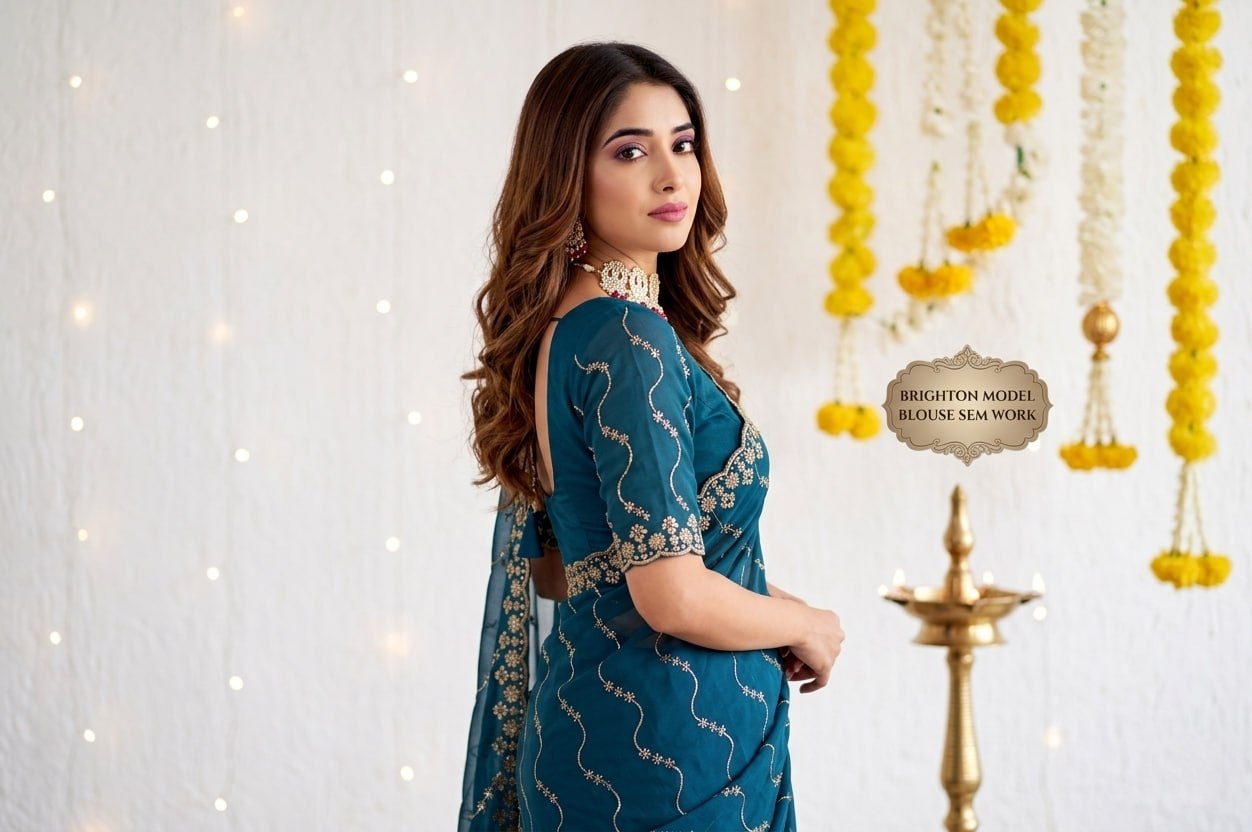 Elenoir Premium Teal Leriya Embroidered Star Georgette Saree with Embroidered Blouse | Wedding, Festive & Party Wear
