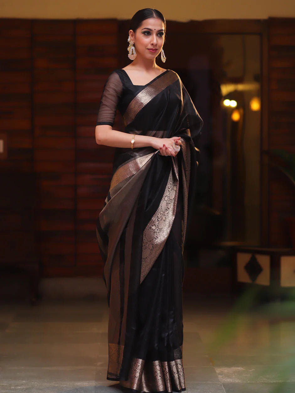 Elenoir Premium  Black Kanjivaram Organza Silk Saree with Rich Antique Gold Zari Border | Luxury Wedding & Party Wear