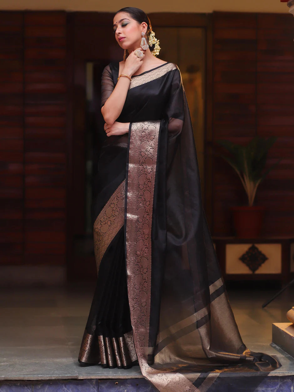 Elenoir Premium  Black Kanjivaram Organza Silk Saree with Rich Antique Gold Zari Border | Luxury Wedding & Party Wear