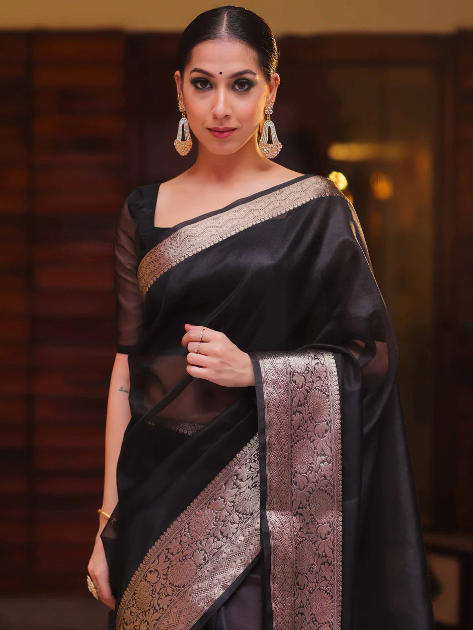 Elenoir Premium  Black Kanjivaram Organza Silk Saree with Rich Antique Gold Zari Border | Luxury Wedding & Party Wear