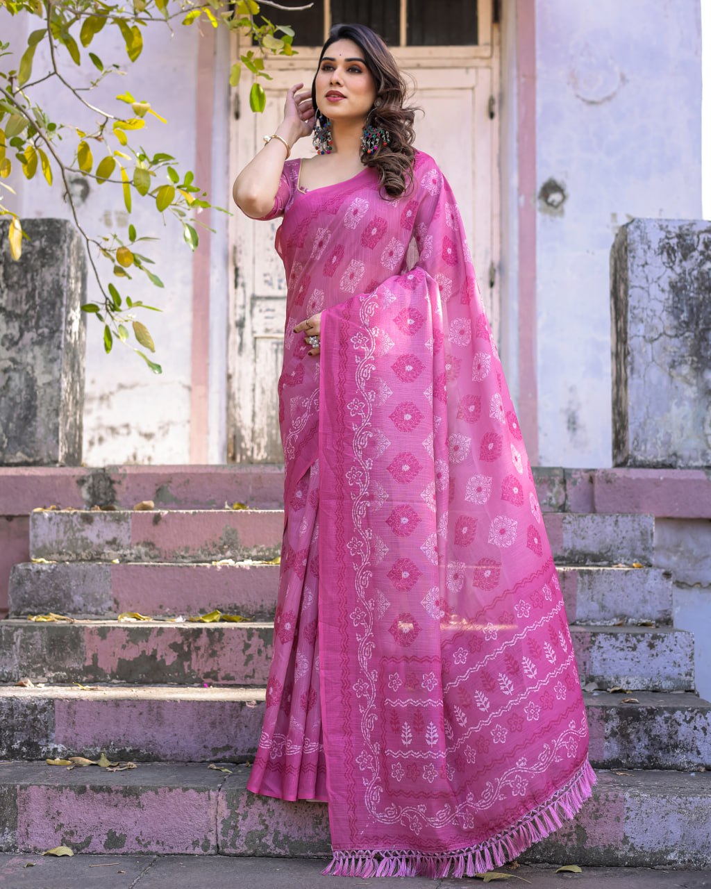Elenoir Rose Pink Woven Linen Cotton Saree with Silver Zari Buta & Traditional Border
