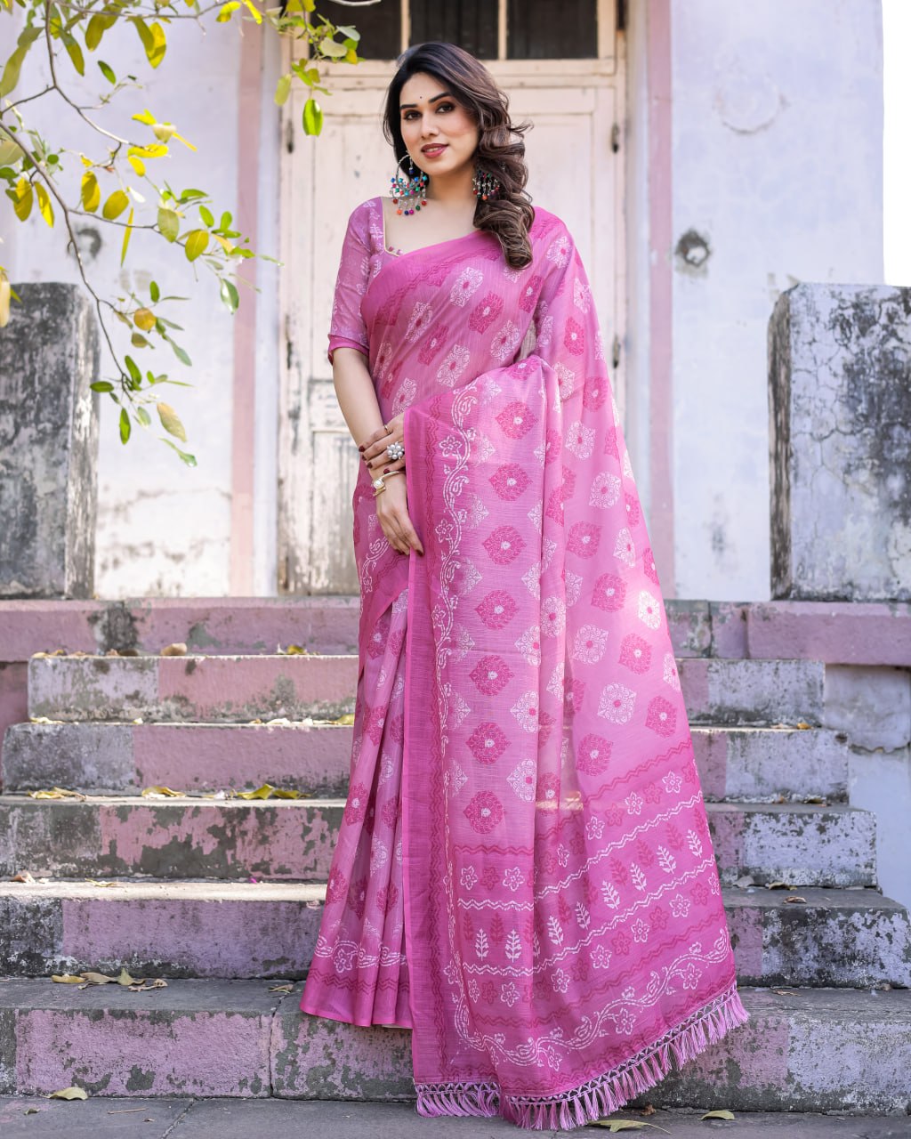 Elenoir Rose Pink Woven Linen Cotton Saree with Silver Zari Buta & Traditional Border