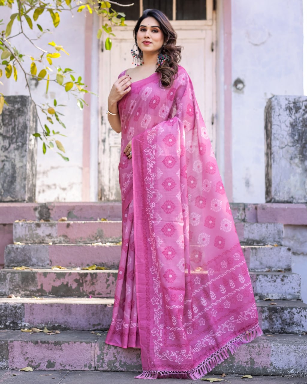 Elenoir Rose Pink Woven Linen Cotton Saree with Silver Zari Buta & Traditional Border