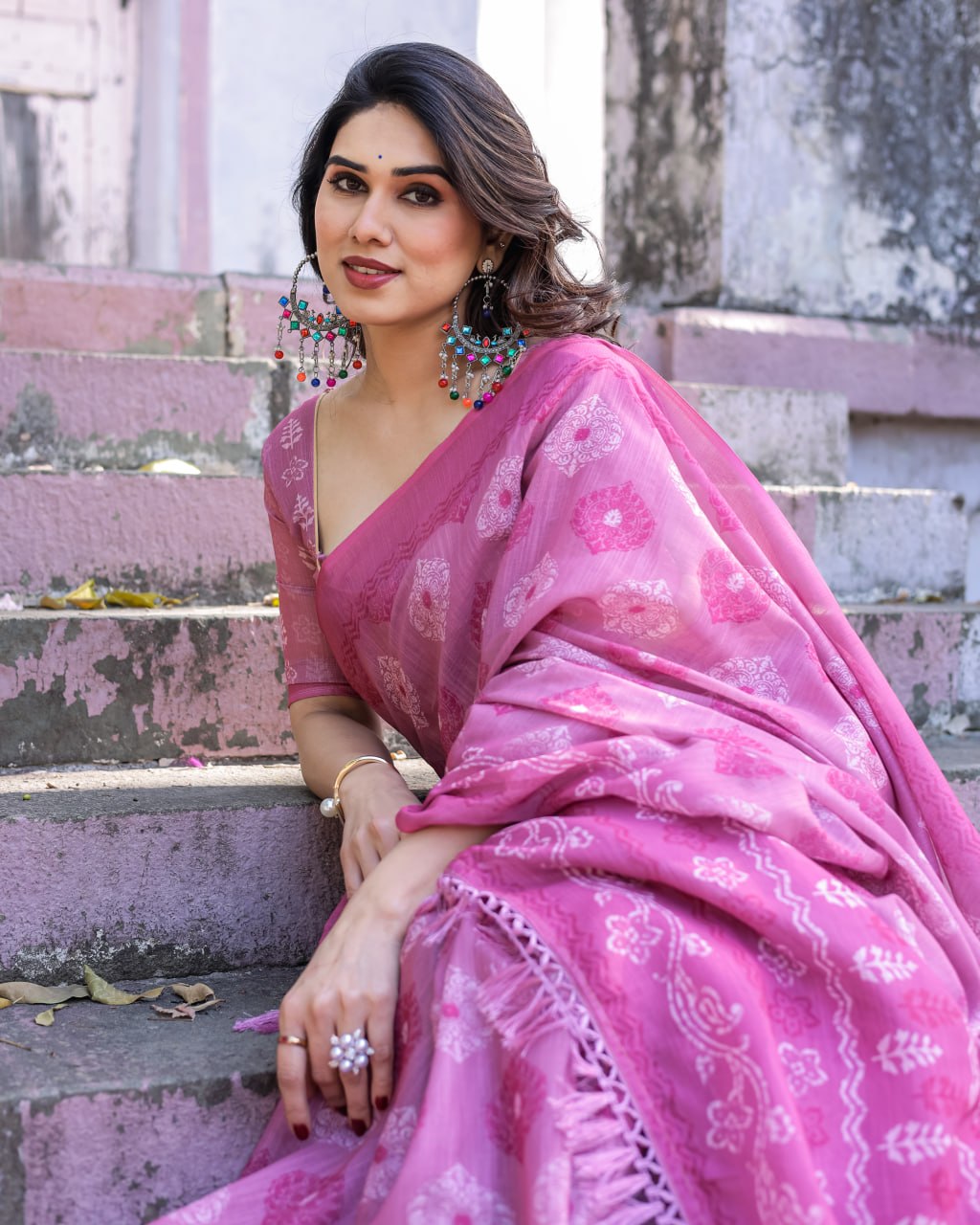 Elenoir Rose Pink Woven Linen Cotton Saree with Silver Zari Buta & Traditional Border
