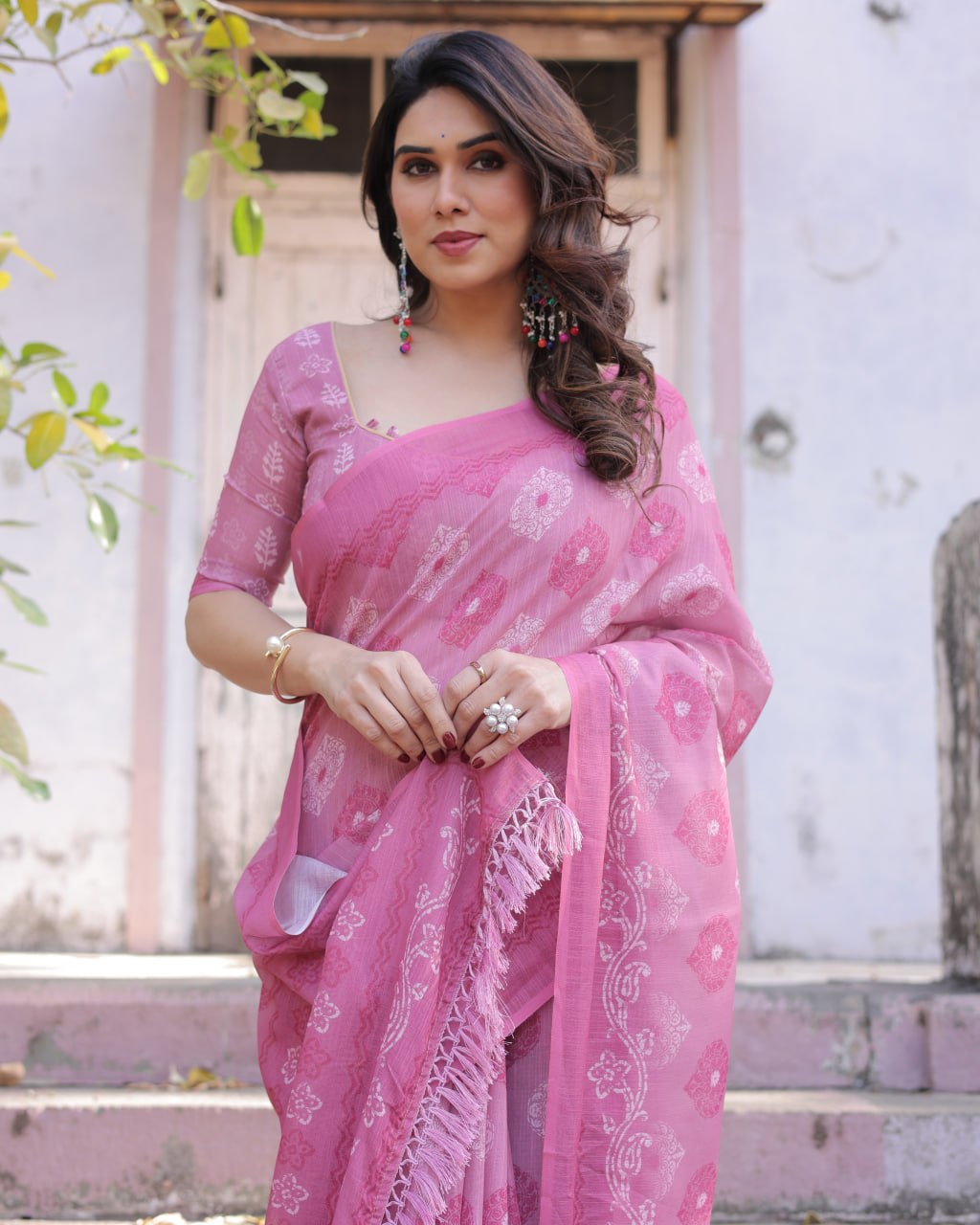 Elenoir Rose Pink Woven Linen Cotton Saree with Silver Zari Buta & Traditional Border
